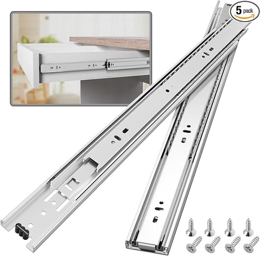 5 Pair Full Extension Ball Bearing Drawer Slides 8 10 12 14 16 18 20 22 24 Inch 100 LB Load Capacity Side Mount File Cabinet Rails Dresser Metal Runner Trash Can Kitchen (18 inch, Silver)