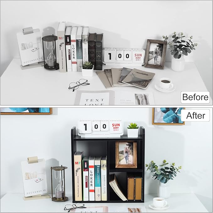 PAG Desktop Shelf Freestanding Wood Small Bookshelf Desk Supplies Organizers and Accessories Storage Display Rack Office Decor for Women, Black