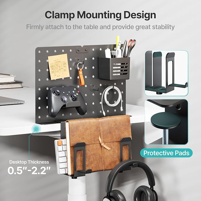 PEGZONE Clamp on Desk Pegboard Shelf, with 2-Slot Under Desk Laptop Holder | with Headphone Holder and Pegboard Accessories, Desk Side Storage for Office Gaming, Desk Organizer, Black