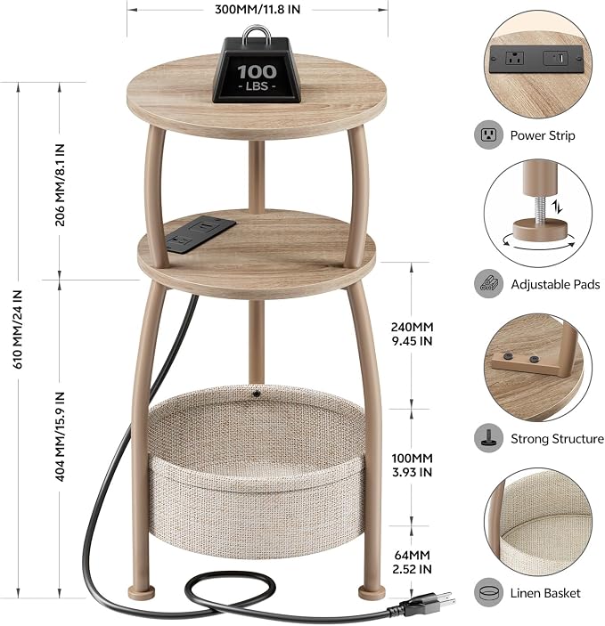 Side Table with Charging Station, Small Round End Table with Basket, USB and Type C Port, 3 Tiers Sofa Couch Table Bedside Table for Living Room Bedroom, Small Spaces, 11.81in Light Oak