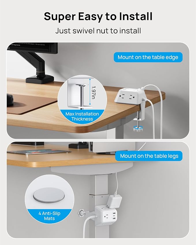 Desk Clamp Power Strip, Surge Protector with 5 AC Outlets and 3 USB Ports, Desk Mount Charging Station, Fit 1.97in Tabletop Edge Thick, 10FT Extension Cord, for Home Office Gaming Accessories, White