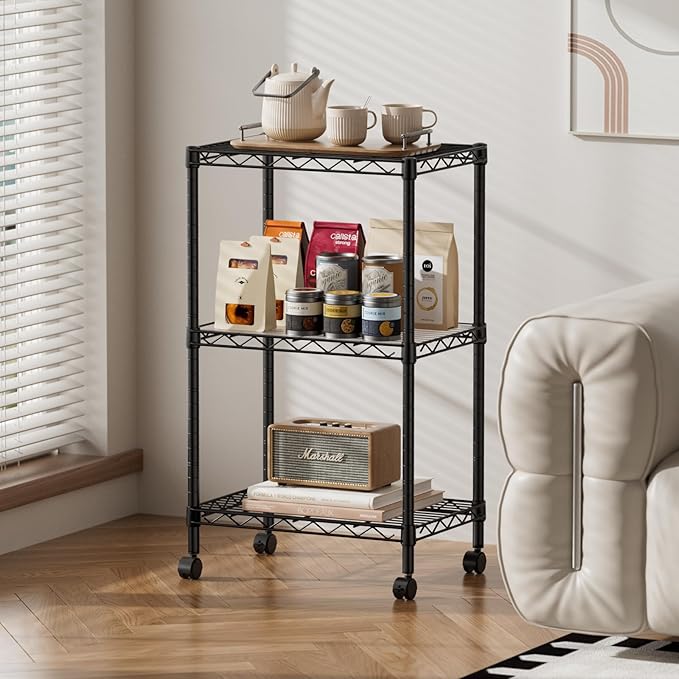 SINGAYE 3 Small Shelves Storage Shelf Wire Shelving Unit Metal Shelf Adjustable Organizers Storage Shelving with Wheels for Bathroom Laundry Room Kitchen Pantry11.6”D x 17.6”W x 30”H Black