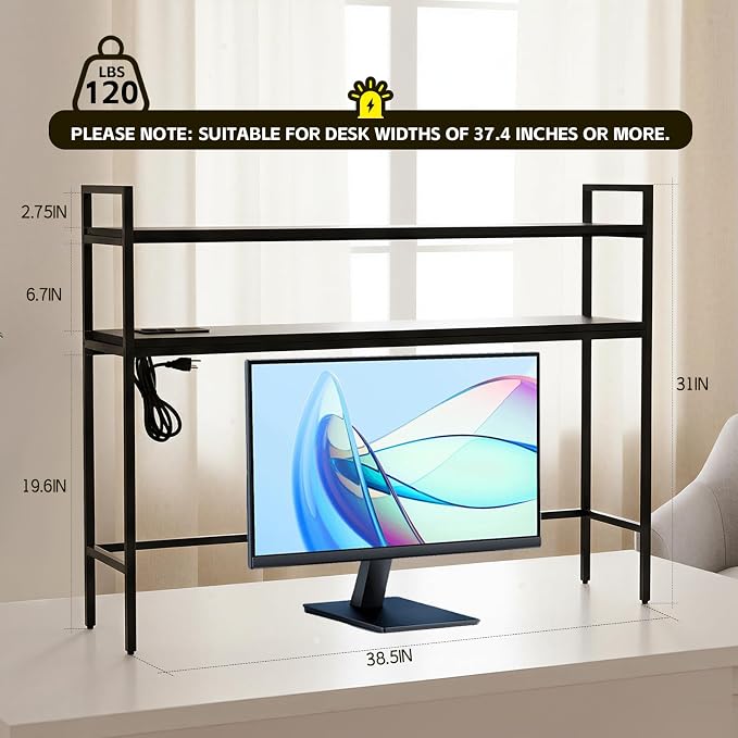 38.5" Desk Shelf with Outlets, 2-Tier Adjustable Multipurpose Engineered Wood Organizer Desk Hutch, Office Storage Rack, Desktop Shelf Organizer for Dorm,Office Home(Black)