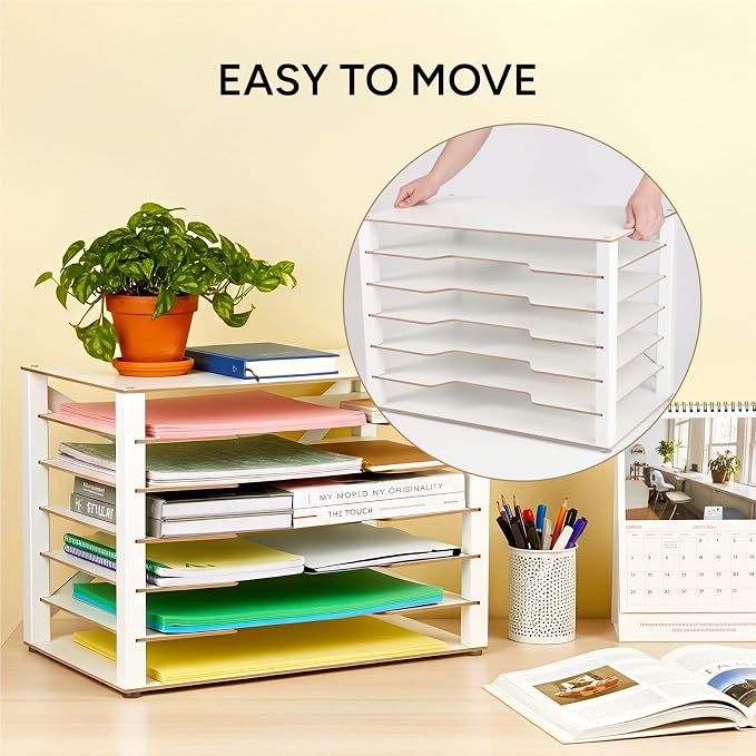 Yumkfoi Construction Paper Organizer 12" x 18", 6-Tiers Paper Organizer Storage, Wooden Desktop Organizer, Letter Tray for Office, Home, Classroom