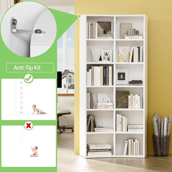 kepptory 71” Tall Narrow Corner Bookshelf, 12 Cube Storage Organizer with Backboard & Anti‑Toppling Kit – Slim Vertical Bookcase for Small Spaces, Apartment, Home Office (6 Tier, White)