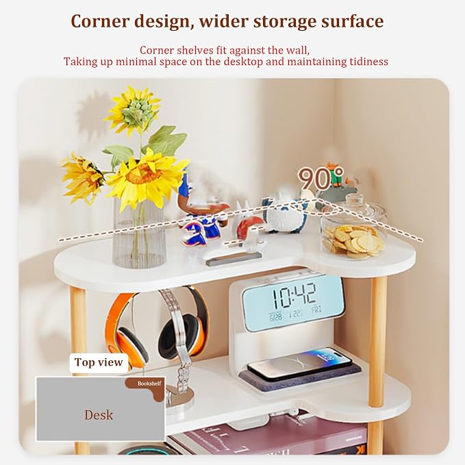 Desktop Corner Bookshelf, Wood Frame Desk Dorm Organizers, Reversible Left/Right Corner Design Storage Rack, Open countertop Display Shelf, for Home Office(6-Tier)