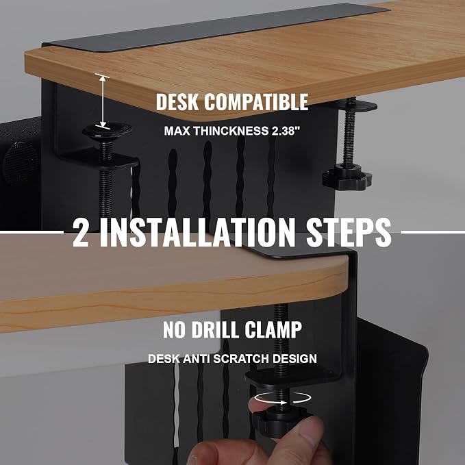 2 Tier Desk Side Storage Organizer, Under Desk Laptop Holder, No Drill Hanging Desks Caddy for Office & Home, Clamp On Desk Shelf for Tablet, Files, Accessories, Load 30Lbs