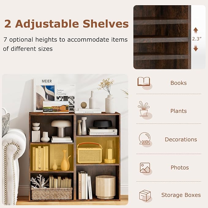 3 Shelf Bookshelf, 31.5” Small Bookcase with 2 Adjustable Shelves, Wooden Bookshelves and Bookcases, Modern Display Shelf, 3 Cube Storage Organizer for Home Office Bedroom (Brown)