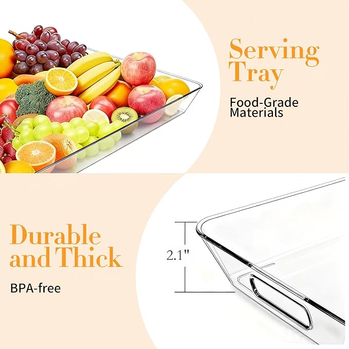 Clear Plastic Serving Tray with Handles, BPA-Free Storage Organizer Tray - Large Serving Trays 20.5"x14" Reusable Serving Platters for Appetizer, Fruit, Kitchen, Desk & Serving Tray for Party Supplies