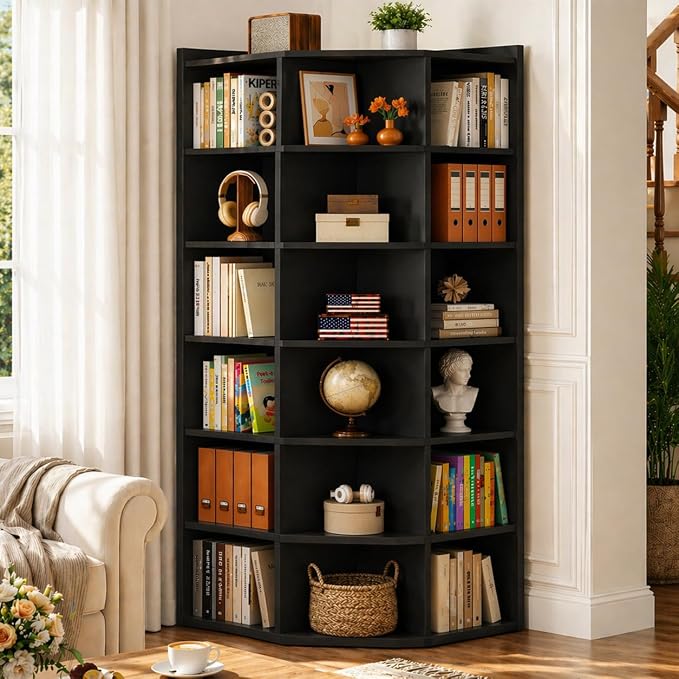 Aheaplus 7-Tier Wooden Corner Cube Bookshelf, Corner Storage Cabinet with 18 Cubes, Corner Cube Organizer Display Shelf with Top Table, Modern L Shaped Cubby Bookcase for Home Office, Black