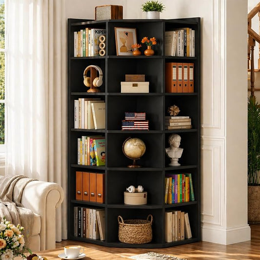 Aheaplus 7-Tier Wooden Corner Cube Bookshelf, Corner Storage Cabinet with 18 Cubes, Corner Cube Organizer Display Shelf with Top Table, Modern L Shaped Cubby Bookcase for Home Office, Black