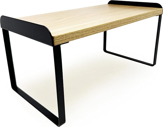 Mitus Shelf Organizer and Storage, Tiered Wood Cabinet Rack for The Kitchen Counter, Bathroom Counter, Pantry Cupboard, Office Desk Bookshelf, 12" Wide Natural and Black