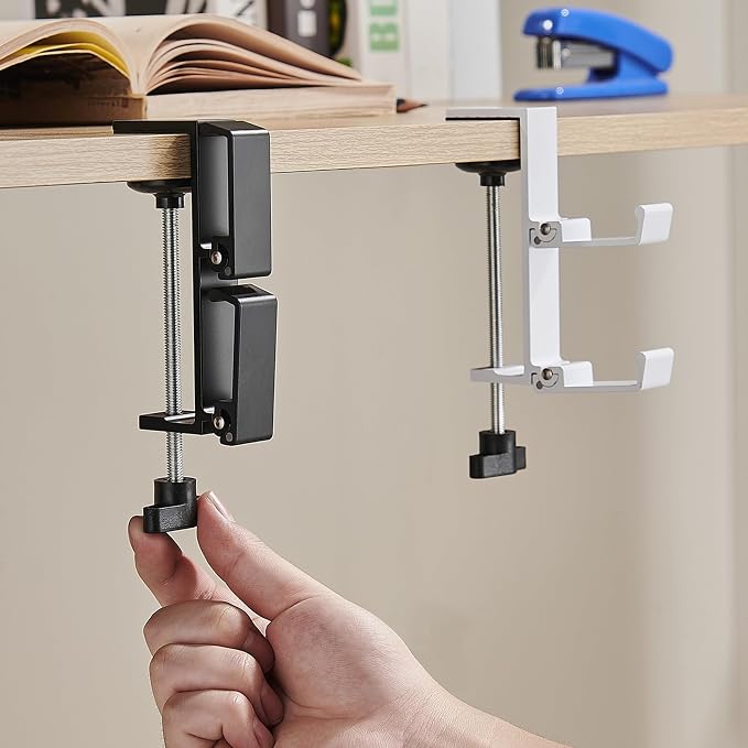 Heavyrain Desk Edge Headphone Holder and Bag Hook, Clamp-On Design, No Drill Installation, Metal, Black