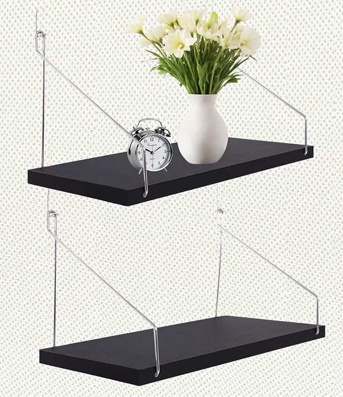 2-Pack Cubicle Shelf For Fabric Walls With Hooks：12x6.0in Black Wooden Cubicle Shelf Hanging Silver Bracket Use For Office Cubicle Accessories For Office Stylish Cubicle Decorations For Women Desk