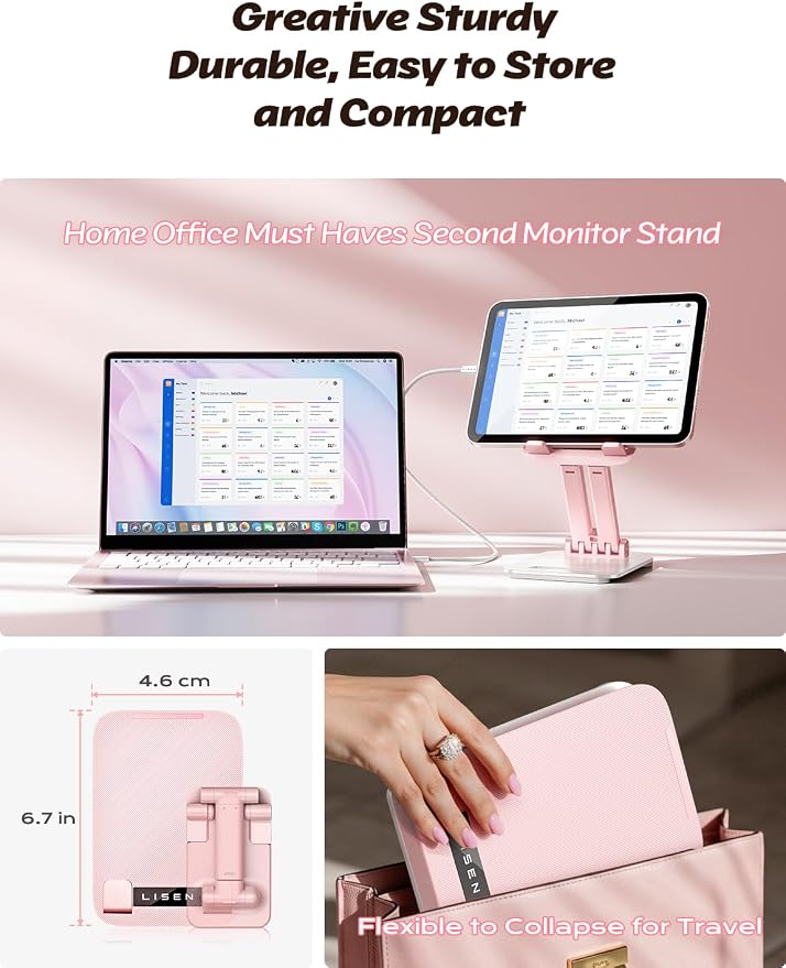 LISEN Tablet Stand for iPad Stand Holder Desk, Foldable eBook Readers Desk Accessories Fits Kindle 4-15.9" Pink