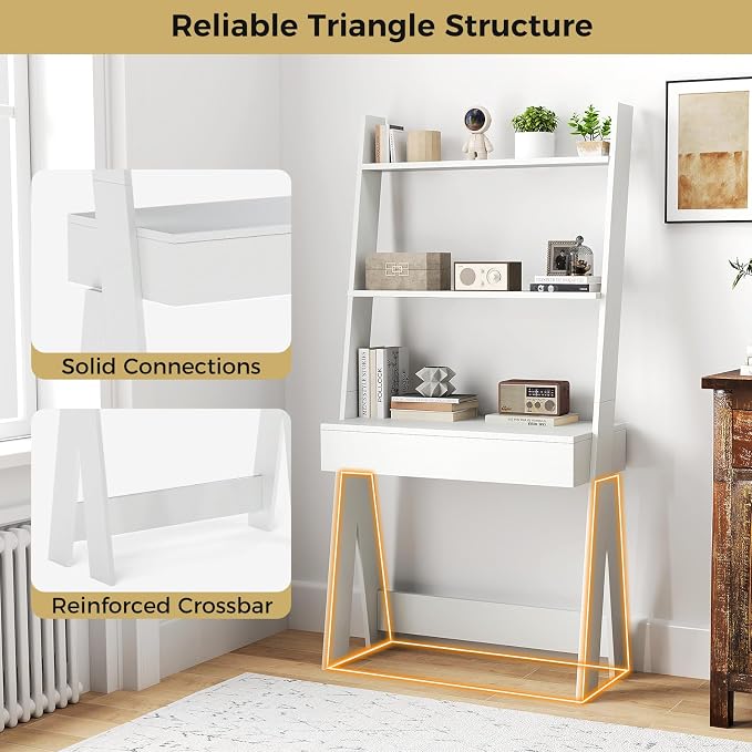 Tangkula Ladder Desk with Countertop & Drawer, Home Office Computer Laptop Table with Open Shelves & Anti-Tip Kits, Wall-Leaning Compact Working Station for Small Spaces (White)