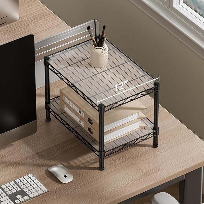 SINGAYE 2 Small Shelves Kitchen Storage Shelf Wire Shelving Unit Metal Shelf Adjustable Organizers Storage Shelving for Office Pantry Black 11.6" D X 17.6" W X 12" H