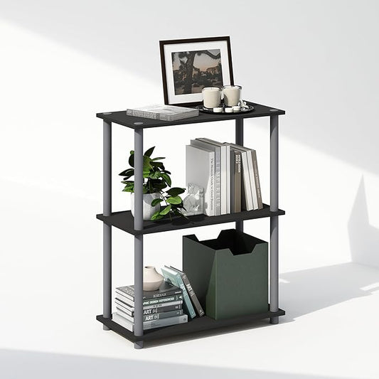 Furinno Turn-N-Tube Book Shelf, 3-Tier Bookshelf, Bookcase with Multipurpose Compact Display Rack, 11.6 x 23.6 x 29.6, for Living Room, Bedroom, Home Office, Black/Grey