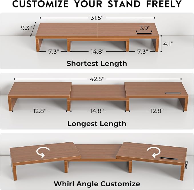 BONTEC Dual Monitor Stand Riser with Smartphone Holder, Adjustable Length & Swivel Angle, Ergonomic Wooden Desktop Organizer for PC Monitor, Laptop, Printer, Large Storage, Walnut