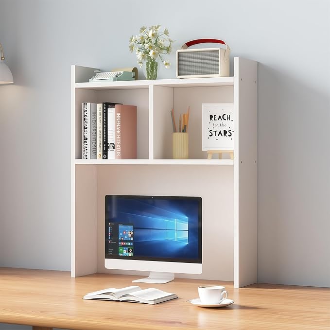 Desk Hutch Dorm, Desktop Bookshelf Organizer, Multifunctional Wooden Shelf Rack with Storage for Dorm Room, Office, Study, Space-Saving Design(White,23.6x7.8x35.4in)