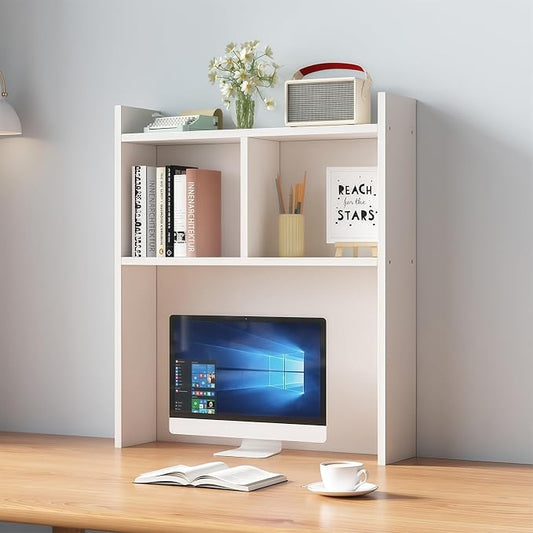 Desk Hutch Dorm, Desktop Bookshelf Organizer, Multifunctional Wooden Shelf Rack with Storage for Dorm Room, Office, Study, Space-Saving Design(White,23.6x7.8x35.4in)