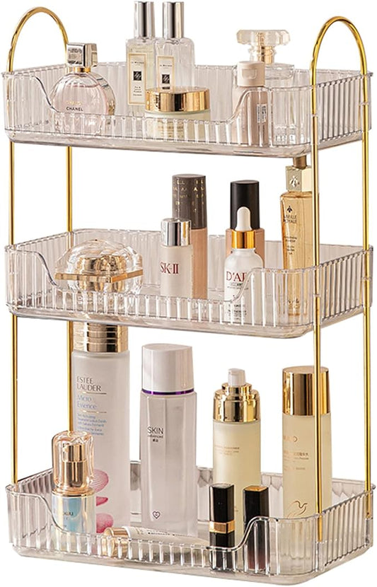 shuang qing Bathroom Counter Organizer Countertop Storage, Cosmetics Skincare Shelf, Makeup Organizer Perfume for Dresser Vanity Tray, Spice Rack for Kitchen(3 Tier-Clear)