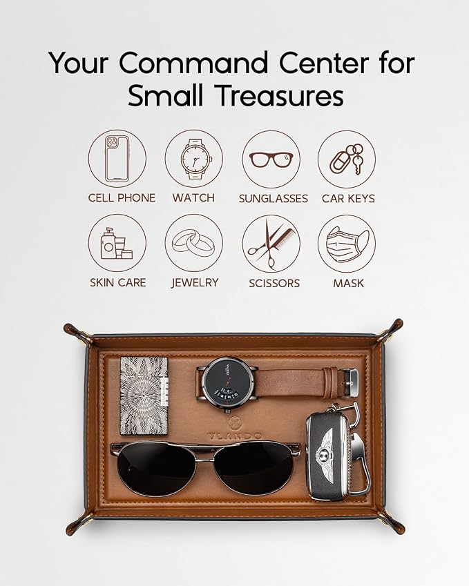 VLANDO Valet Tray Organizer, PU Leather Catchall Tray for Essentials | PU Leather Catchall Tray for Keys, Wallet, Watch, Phone, Coins and Glasses