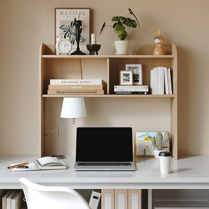 Wooden Desktop Bookshelf, 37" 3-Tier Rounded-Edge Desk Storage Organizer, Space-Saving Countertop Shelf for Office Dorm Home, Burlywood
