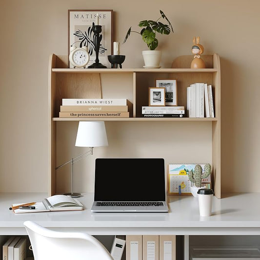Wooden Desktop Bookshelf, 37" 3-Tier Rounded-Edge Desk Storage Organizer, Space-Saving Countertop Shelf for Office Dorm Home, Burlywood