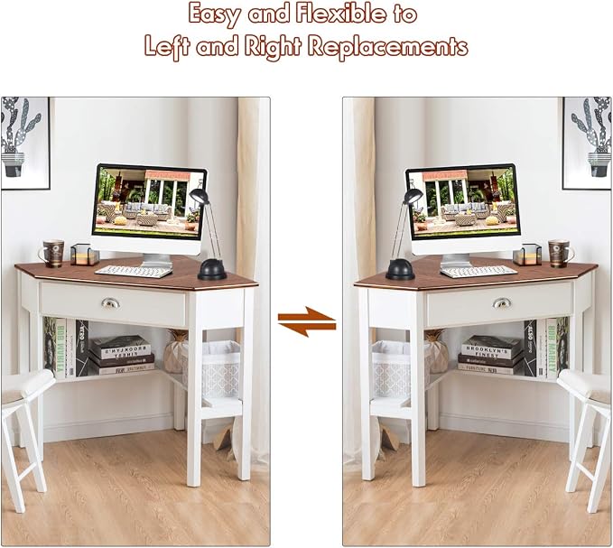 Corner Computer Desk, Space-Saving Corner Table with Drawer & Shelves, Home Office 90° Triangle Corner Workstation, Modern Makeup Vanity Table, Corner Desk for Small Spaces (Natural & White)