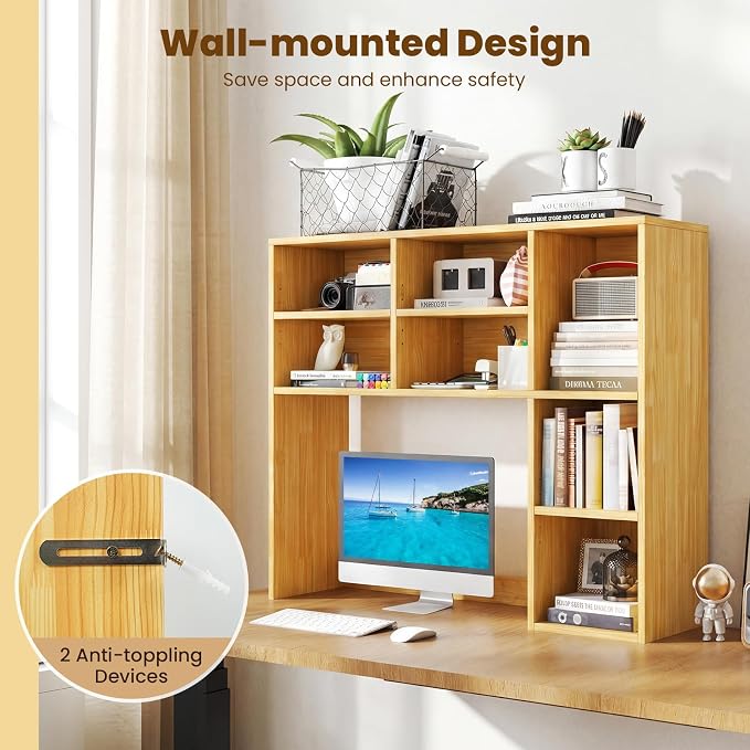 Giantex Desktop Bookshelf, Desk Hutch Dorm w/ 7 Cubes & 3 Adjustable Shelves, Desk Shelf for Up to 27" Computer Monitors, Wooden Desktop Storage Organizer for Dorm College Office Home (Burlywood)