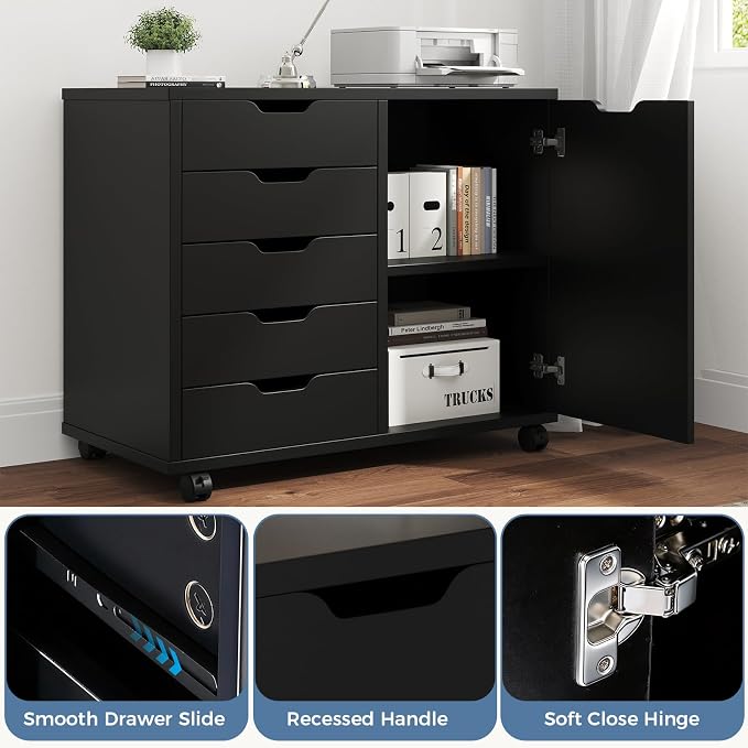 DUMOS 5-Drawer Office Storage File Cabinet Organizer with Wheels, Black | Under Desk Cabinets with Shelves and Door Printer Stand with Wood Board Metal Frame for Home Office Storage Craft Room