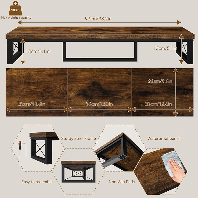 IBUYKE Large Dual Monitor Stand Riser for 2 Monitors, Wooden Desktop Computer Monitor Stand Storage Shelf and Steel Legs,Dual Screen Office Desk,Monitor Riser for Computer, Printer,Laptop,TV,Rustic Brown UTDJ002H
