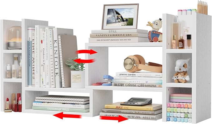 NUTIKAS White Desktop Bookshelf Adjustable Desk Organizer Shelf - Corner Wood Tabletop Storage Display Rack with 6 Cubbies and Pen Holder, Small Hutch for Office Supplies & Dorm Room Decorations