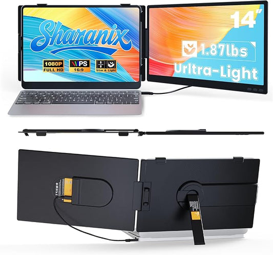 Laptop Screen Extender, Ultra-lightweight 14" FHD 1080P IPS Dual Screen, Laptop Monitor Extender with USB-C/HDMI Port, Plug and Play Portable Monitor for 13-17" Laptops (Wins/Mac/Android//Switch/PS5)