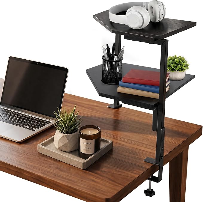 2-Tier Clamp on Desk Shelf Adjustable Desktop Storage Desk Rack | Wood Clamp on Desk Organizer Shelf, Floating Corner Shelf for Desk Accessories and Gaming Devices