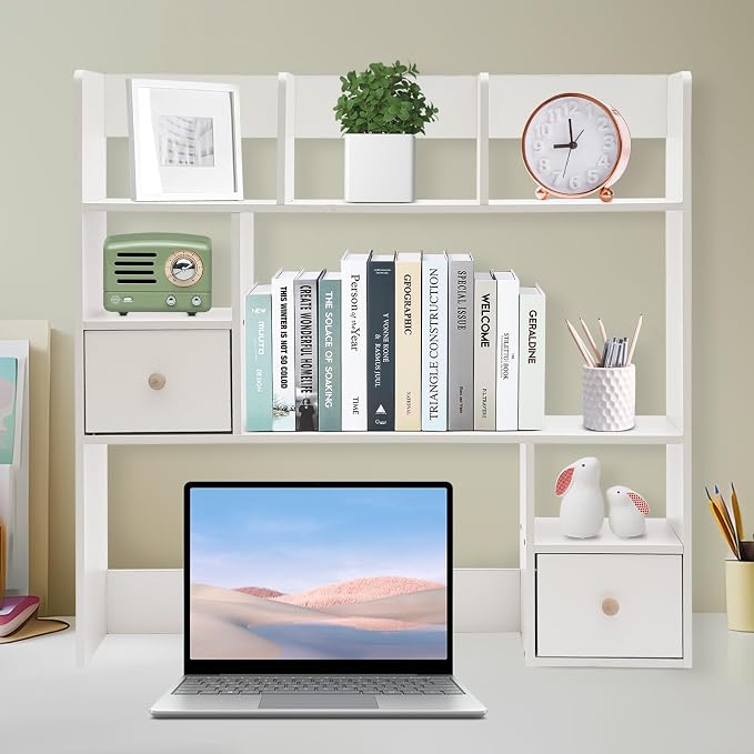 Desktop Bookshelf, Home Office Desk Organizer, Desktop Storage Organizer, for Study Rooms, Offices, Bedrooms, Libraries, Reading Rooms, Etc (White)