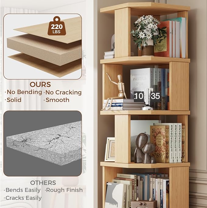 5 Tier Square Bookshelf Tower, Floor Standing Corner Bookshelf Modern Organizer Storage Display Rack for Home Office Living Room Study, Small Spaces