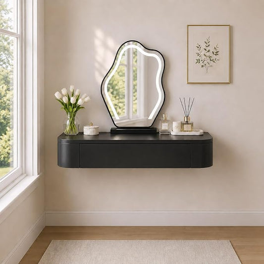 Floating Makeup Vanity Desk with Drawers Wall Mounted Makeup Table with Storage Fully Assembled Floating Vanity Desk Space Saving Modern Dressing Table for Bedroom Closet(Black,31.5")