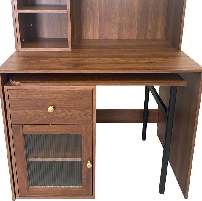 Computer Desk with Hutch and Rotating Desktop, Walnut Corner Study Desk with Glass Door Storage Cabinets and Fold Out Shelf for Home Office, Craft Cabinet with Fold Out Table (Walnut)