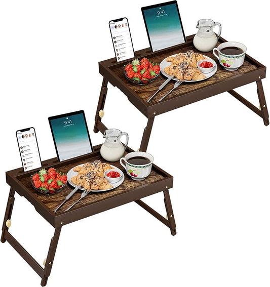 2 Pack Bamboo Breakfast Tray with Telescopic Legs Tray with Foldable Legs and Removable Stand | Ergonomic Handle | Portable Bed Tray for Dining, Working, Laptop, Tablet and Phone