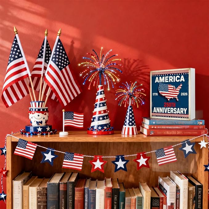 Patriotic Wooden Box Sign,1776-2026 Anniversary 4th Of July Signs Home Decor,Independence Memorial Day Block Sign for Desk Shelf Tabletop Decor