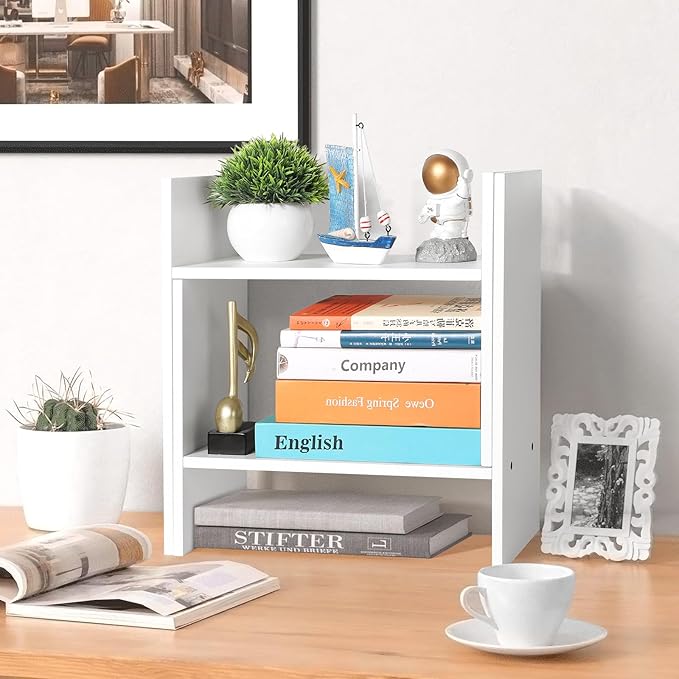 CITLOW Desktop Shelf Organizer - Adjustable Wood Desktop Bookshelf, Table Top Shelves, Desk Book Organizer for Office Supplies and Home Décor (White)