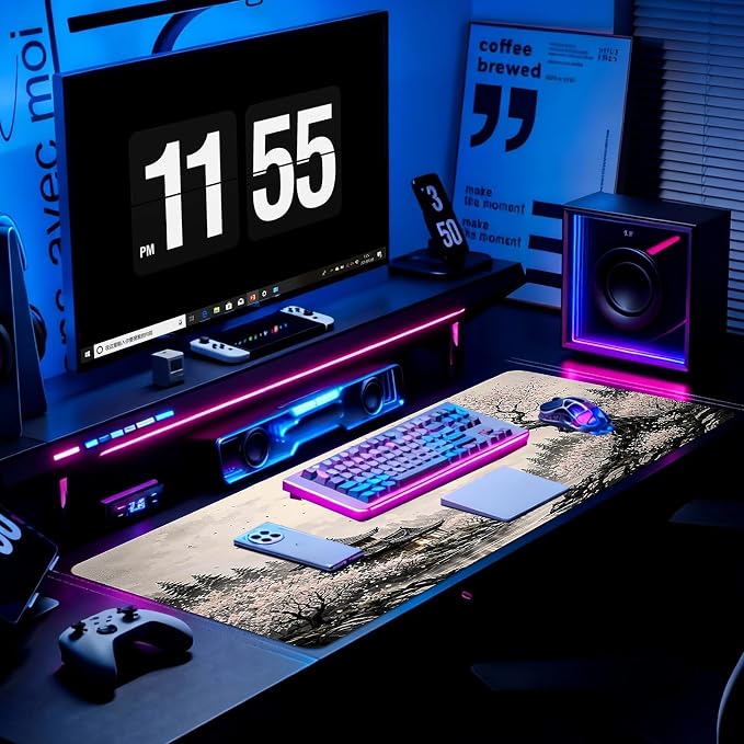 Gaming Desk Mat with Silky Smooth Surface & Exquisite Patterns,31.5x11.8 Inches Large-Sized Mouse Pad, Perfect for Extended Gaming,Work,and Home Office Decor (Japanese Ink Painting 2)