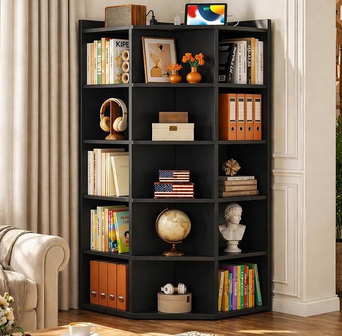 Aheaplus 6-Tier Corner Cube Bookshelf with Power Outlets, Wooden Corner Storage Cabinet with 15 Cubes, Corner Cube Organizer Shelf with Top Table, L Shaped Cubby Bookcase for Home Office, Black