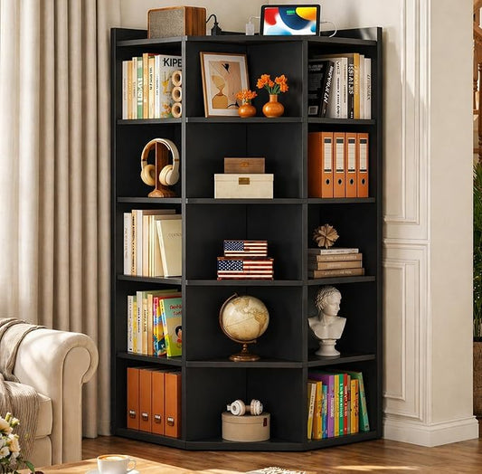 Aheaplus 6-Tier Corner Cube Bookshelf with Power Outlets, Wooden Corner Storage Cabinet with 15 Cubes, Corner Cube Organizer Shelf with Top Table, L Shaped Cubby Bookcase for Home Office, Black