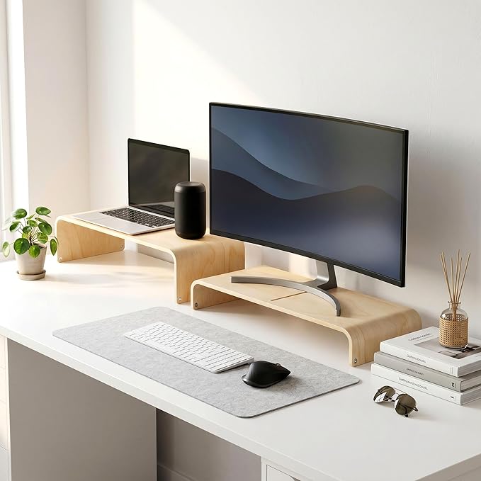 APRTAT Wood Monitor Stand Riser, Solid Woodon Dual Monitor Riser with Storage, 2-Tier Natural Monitor Riser with Storage, Computer Stand Keyboard Organizer