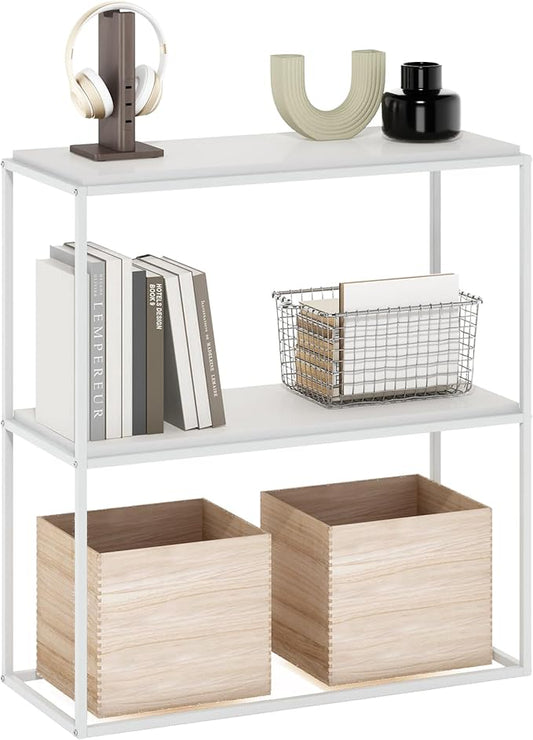 Furinno Moretti Modern Storage Shelves, 2-Tier Wide Stackable Book Shelf, Open Shelves, for Organization and Storage, Living Room, Garage, Home Office, Solid White