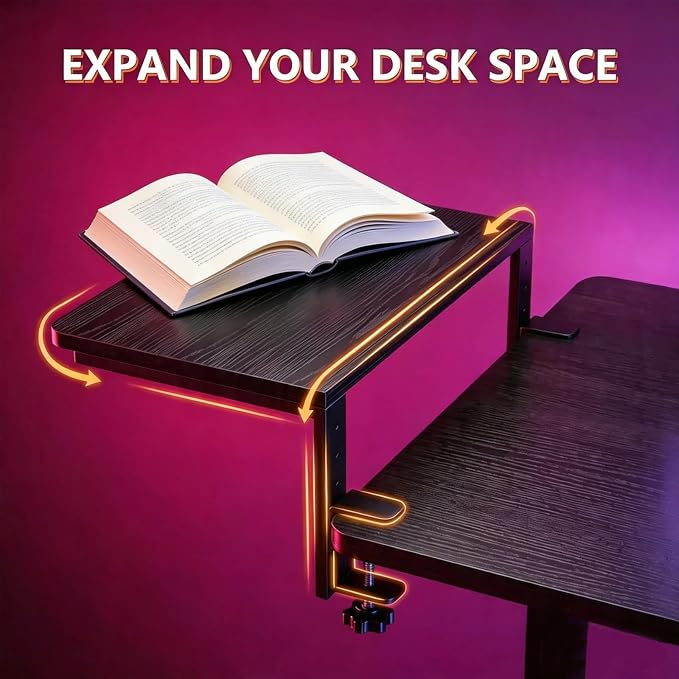 Clamp On Desk Extender, Monitor Riser Shelf, 44 lb Load | Height options, No-drill setup, Heavy duty frame, Office station, Gaming PC area, Home workspace, Storage layer, Black finish