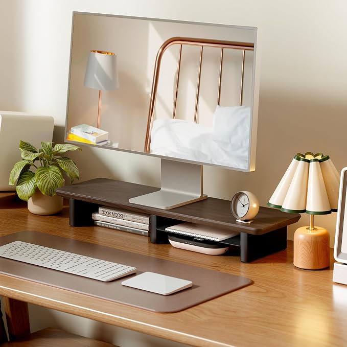 PEGZONE Dual Monitor Riser with Integrated Metal Shelf, Large Walnut Wooden Desk Shelf for 2 Monitors/TV, Monitor Stand Riser for Desk, Wood Monitor Stand Organizer for Home Office，Wide 31.5"